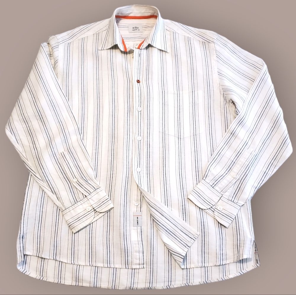 Cerruti 1881 Men's Long Sleeve Button Down Linen Shirt White Striped Sz Medium